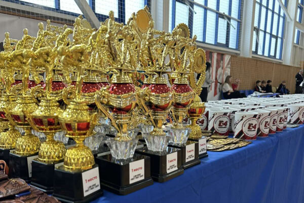 На столе с синей скатертью расставлены кубки и медали для награждения участников турнира «Первый бой»