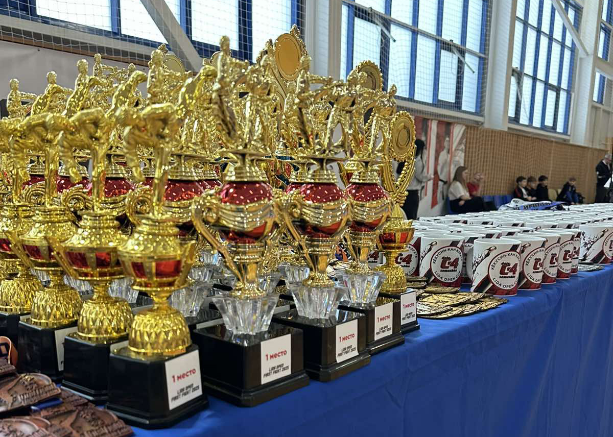 На столе с синей скатертью расставлены кубки и медали для награждения участников турнира «Первый бой»