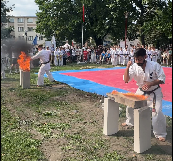 Особое внимание публики привлекло тамашевари — эффектное разбивание твёрдых предметов. В этот раз разбивали горящие строительные блоки.